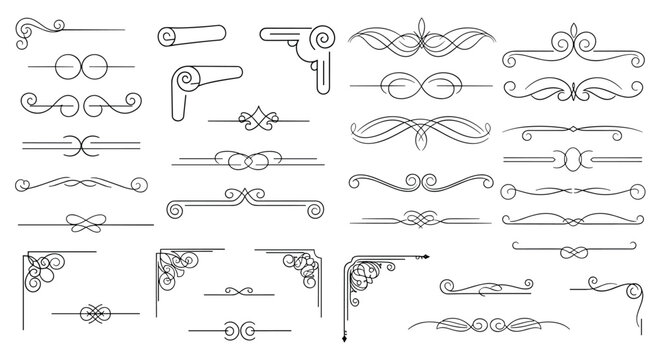 Comprehensive set of elegant black line decorative dividers and corner elements with swirl and scroll patterns for formal document design.