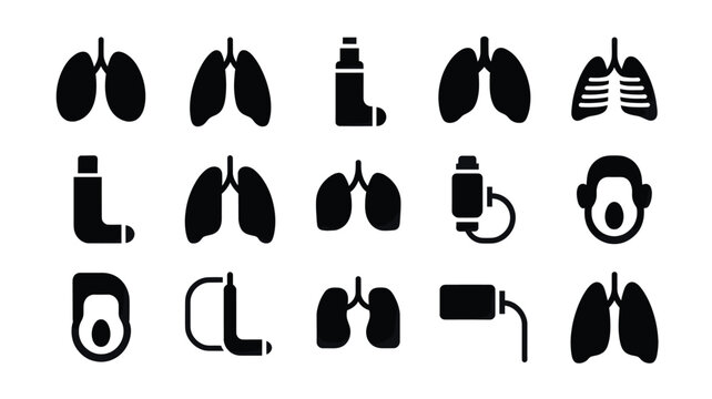 Set of 15 Black Lung and Respiratory System Icons Vector