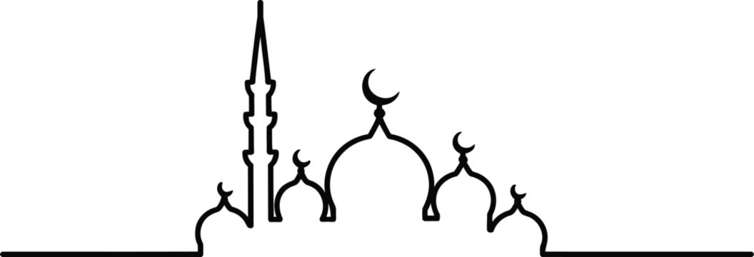 Line art silhouette of an islamic mosque with minaret and domes black and white place of worship religious icon islamic architecture middle east silhouette architecture religion building