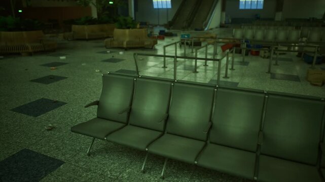 Vacant gate seating under green glow, closeup of metal chairs, fluorescent lights casting eerie reflections on speckled floor, distant signage unreadable,