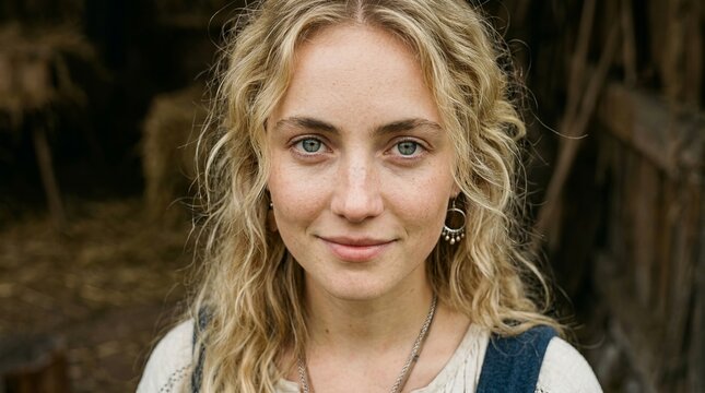Close portrait of young peasant woman with natural freckles and curly blonde hair in rustic countryside setting