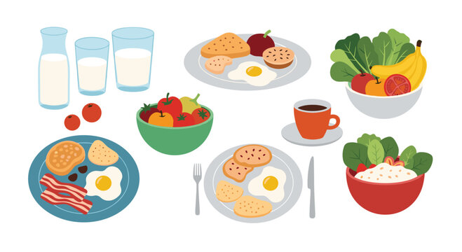 Selection of wholesome food plates and bowls featuring eggs, fruit, salad, milk, and coffee for a balanced and nutritious daily diet.