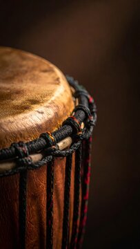 African djembe drum showing textured hide surface and ropes