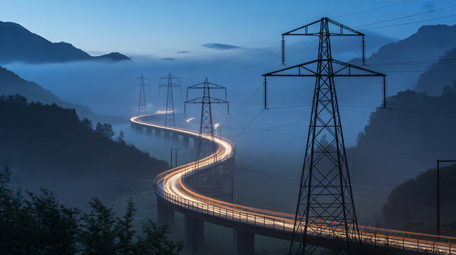 Winding road with power lines and towers in a mountainous landscape at dusk with fog