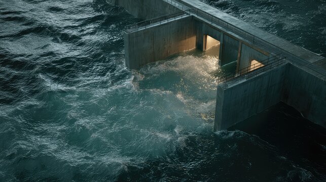 Concrete dam structure with multiple gates submerged in turbulent dark blue water, generating hydraulic power and energy from the controlled flow and waves
