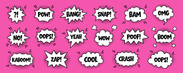 Comic cartoon speech bubble frame, explosion and exclamation doodle elements, pop art outline frames and manga balloon set in sketch style. Hand drawn vector illustration isolated on pink background © AnyaLi