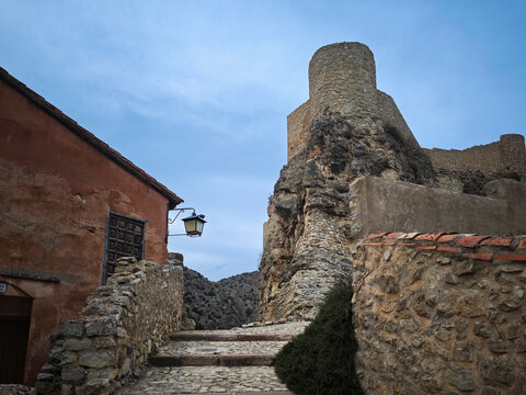 Albarrac&iacute;n medieval town showing historic castle architecture