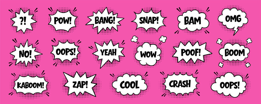 Comic cartoon speech bubble frame, explosion and exclamation doodle elements, pop art outline frames and manga balloon set in sketch style. Hand drawn vector illustration isolated on pink background