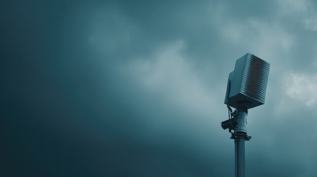Emergency siren mounted on a pole against dark, stormy clouds, evoking urgent weather warning, public safety alert and looming severe storm risk