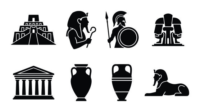 Ancient Civilizations Icons: Egyptian Pharaoh, Greek Warrior, Roman Temple, Sphinx, Pyramid, Amphorae, Vector Graphics Set