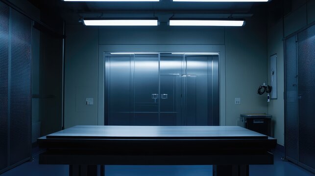 Sterile forensic laboratory room featuring an empty autopsy table, clean environment, metallic storage units, and professional lighting, conveying medical and scientific investigation