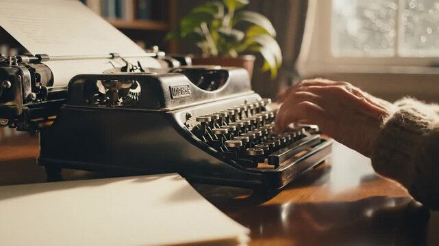 Vintage Black Manual Typewriter Used Senior Hands Typing In A Warm Sunlit Home Office