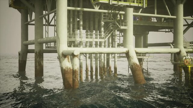 Weathered platform legs rising from rough sea, heavy rust and barnacle encrustation on pylons, texture study of metal decay, distant crewboat approaching