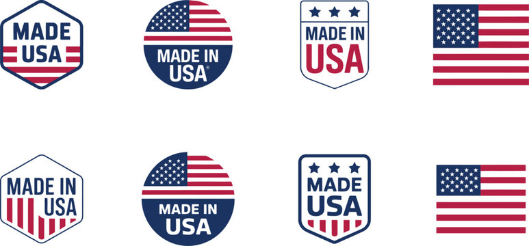 Made in USA labels and American flag stamp collection patriotic badge vector set