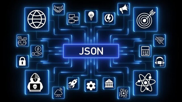 Futuristic JSON data format concept with glowing blue interface elements showcasing user, target, growth, speaker, settings and idea icons on black background.4k Animation.