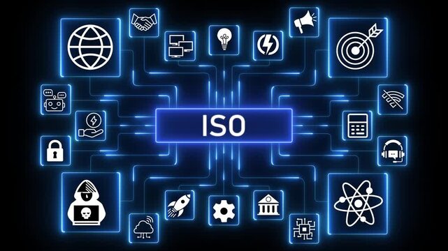 Futuristic concept of ISO with digital network and global connectivity on 4K black background for corporate compliance and technology standards visualization.4k Animation.