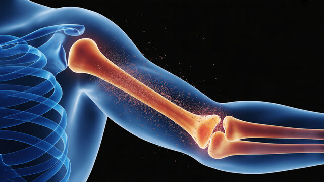 A medical illustration of a human arm with a fractured humerus bone and glowing blue transparent skin on a black background