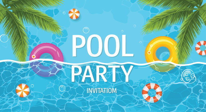 Summer pool party invitation template featuring palm leaves, colorful swim rings, and beach balls on a turquoise water surface.