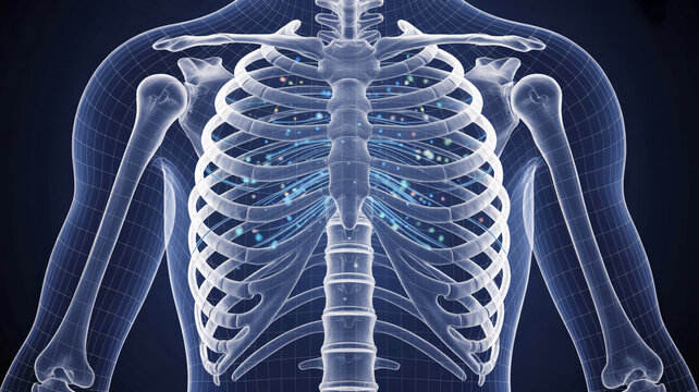 Human skeleton with glowing blue lines and dots on a dark background showing ribcage and torso