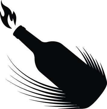 Black silhouette of a burning bottle with flame and smoke trails resembling a molotov cocktail symbolizing protest rebellion or social unrest danger sign brush strokes rebellion silhouette