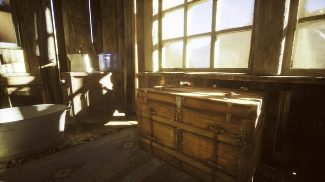 Warm sunlight pouring through window onto rustic chest, dust particles floating above floorboards, pottery and trunks arranged near beam creating cozy attic