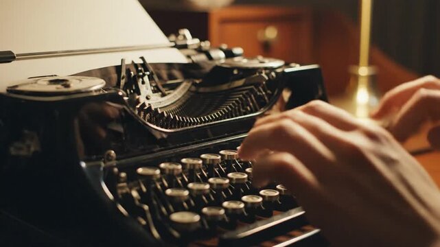 Vintage Black Typewriter Close Up With Hands Typing Rapidly In A Warm Cinematic Office Setting