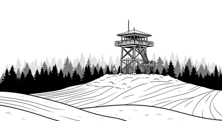 Fire lookout tower stands tall atop a snow covered hill in winter. © suhadi