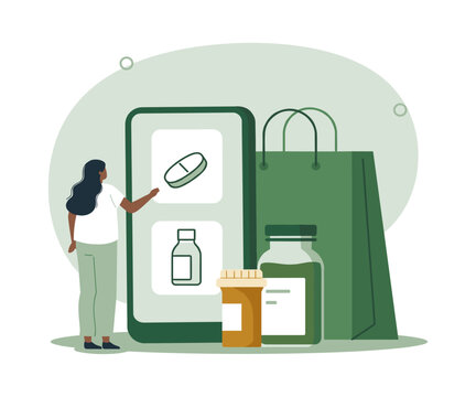 Woman ordering medicine online via smartphone app with e commerce pharmacy medicine smartphone shopping prescription e commerce illustration delivery consumer healthcare technology