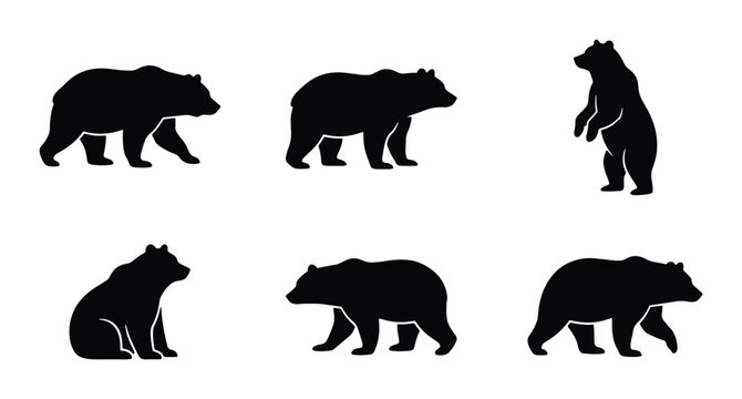 Black Bear Silhouettes Collection, Wildlife Animal Icons, Forest Mammal Vector Graphics, Nature Element Set