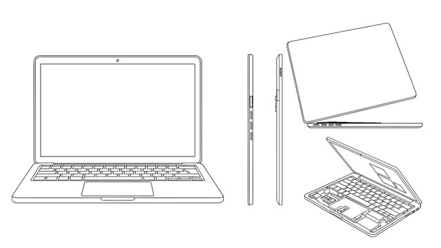 Detailed technical drawing of a modern laptop shown from multiple perspectives including front side and top down views for design.