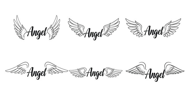 Six different styles of hand-drawn angel wings paired with the word angel in a elegant cursive font for spiritual branding.