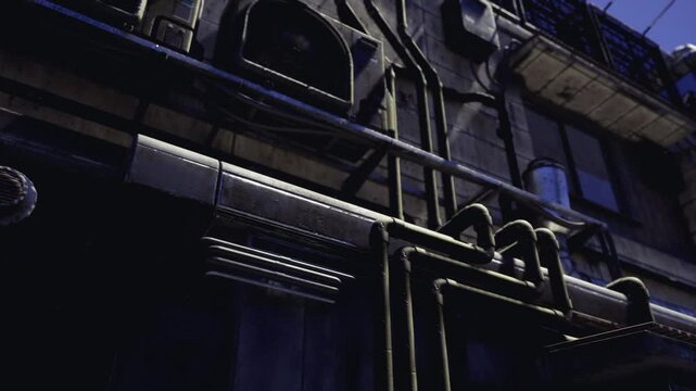 Conduit and drainpipes under neon glow, reflective metal and deep blue tones evoke cyberpunk alley mood, angled perspective with conduit clamps and surface