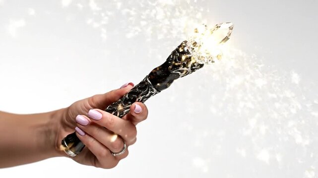 Ornate Magic Wand With Glowing Golden Sparkles Held A Female Hand On White Background