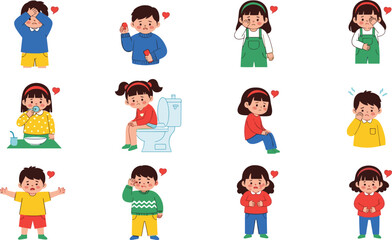 Fototapeta premium Cute Kids Illness Icon Set with Various Symptoms, Sick Child Poses and Emotions, Illustrations for Websites, Apps, and Digital Media Designs