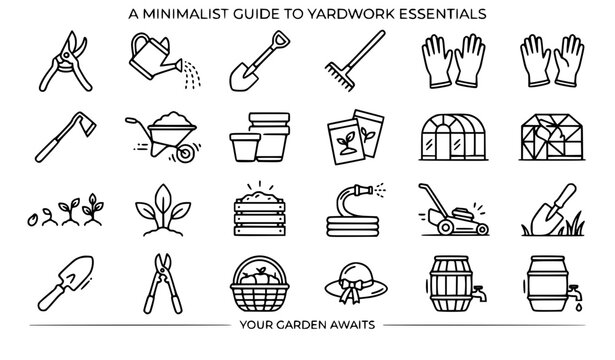 Yardwork animated line icon set with gardening tools plant growth and greenhouse symbols outline vector HD alpha ready