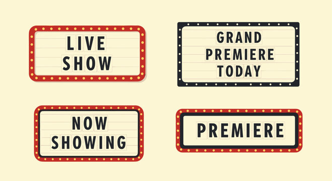 Set of vintage cinema marquee light box signs with text including live show now showing grand premiere today and premiere.