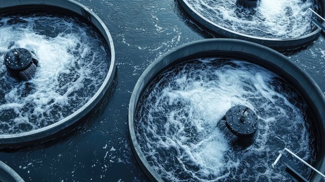 Water purification process taking place at a modern treatment facility, with large circular tanks actively aerating and clarifying liquid for environmental safety and public health