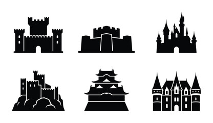 Castle Icons Set, Medieval Fortress Silhouettes, European and Asian Architecture Vector Collection, Royal Palace Symbols © MdZahirul