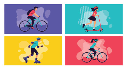 Obraz premium Four panels depicting people active on a bicycle kick scooter and roller skates for healthy lifestyle and eco friendly transportation.