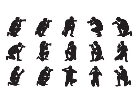 Set of black silhouettes depicting various photographers in different kneeling and crouching positions while holding cameras to capture on a plain white background