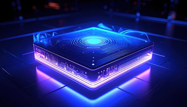 Futuristic Glowing Computer Processor Resting on Dark Technology Surface