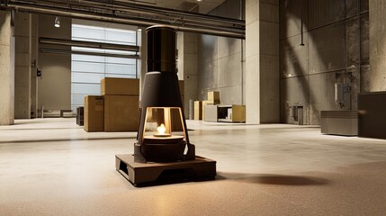 Obraz premium Modern industrial fireplace warms an empty concrete warehouse interior, minimalist loft atmosphere with cardboard boxes, clean metal hearth, warm flame against gray textured walls