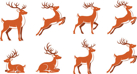 Fototapeta premium Elegant Deer Silhouette Vector Icon Set Featuring Reindeer with Large Antlers in Standing, Jumping, Running, and Sitting Poses for Nature, Forest, and Christmas Holiday Graphic Designs