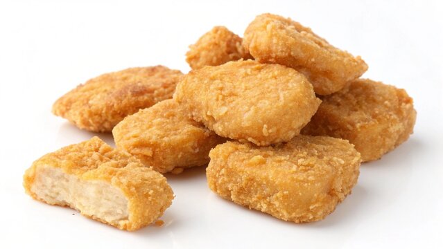Crispy fried chicken nuggets on a white plate close up, delicious crunchy snack appetizer food
