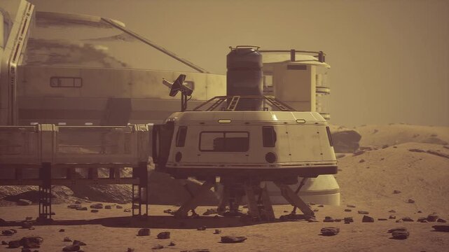 Mars cargo module with crane and platform, closeup logistics scene, unmanned transfer operations, rugged regolith and industrial hardware under dust haze.