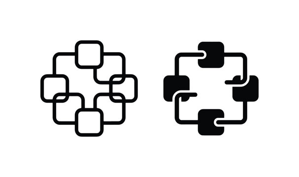 Abstract Network Connection Icons, Interconnected Square Nodes, Digital Data Flow Symbols, Technology and System Integration Graphics