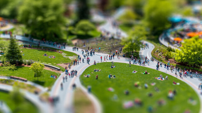 Miniature tilt-shift effect of a busy city park in summer or spring day. People walking on sunny pathways surrounded by green grass and trees. Urban life, summer leisure, tiny toy world perspective.