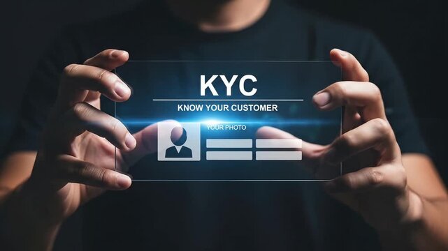 Person holding a transparent screen displaying KYC Know Your Customer verification interface with user and input fields
