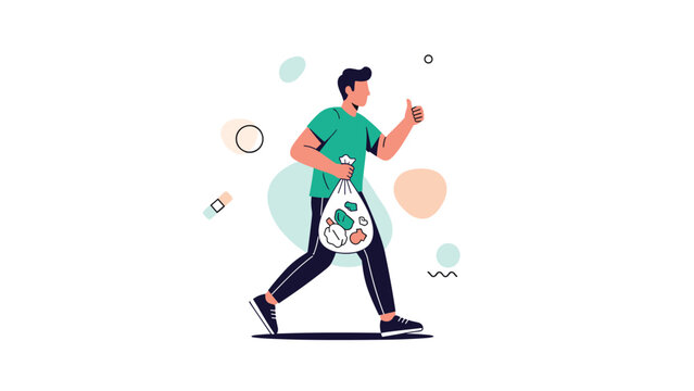 Concept of plogging illustrated by a man jogging while carrying a bag of collected trash for environmental care.