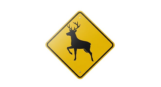 Yellow deer crossing road sign isolated on a white background